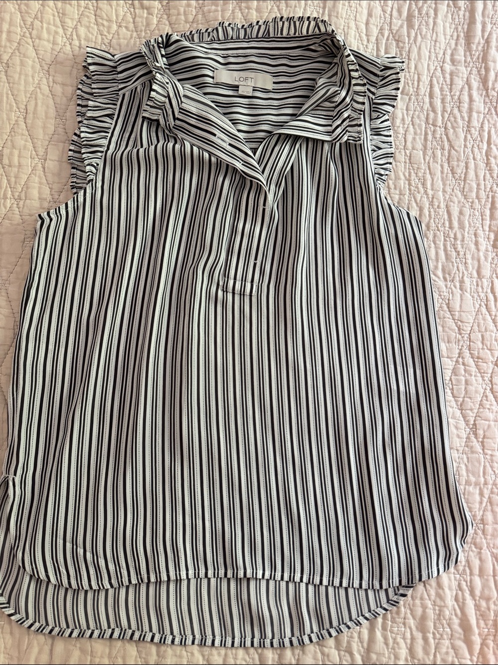 LOFT Black and White Vertical Stripe Ruffle-Sleeve Blouse